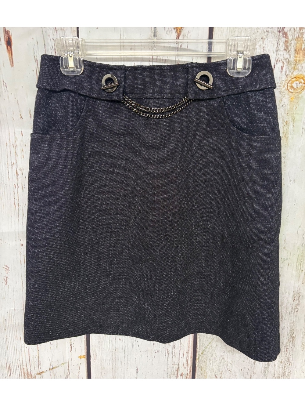 Worth New York Wool Blend Chain Accent Tweed Pencil Skirt Black Size 2 EUC